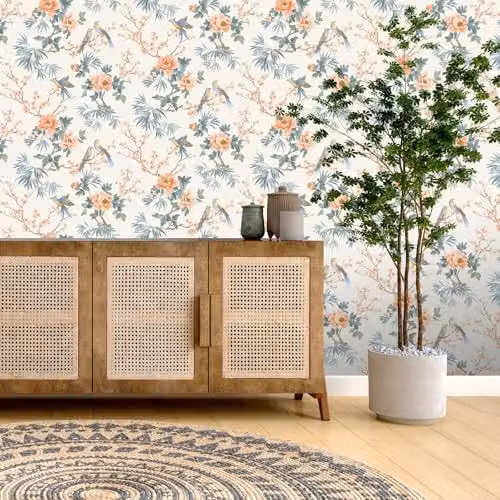 Rasch Amelie Chinoiserie Oriental Style Floral and Animal Wallpaper in Orange and Multicolour, W: 53.0 cm, H: 10.06 m – 2