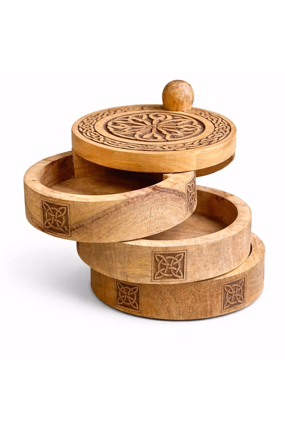 KDMD Celtic Carved 3 Tier Revolving Wood Storage Box with Compartments in Brown – 2