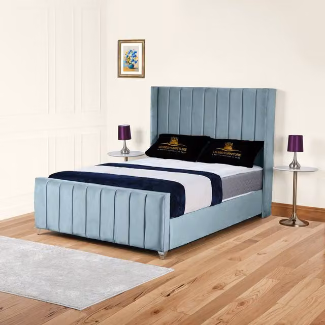 UK Bed Furniture Empire Winged Gas Lift Ottoman Upholstered Velvet Bed in Light Blue, Super King Size, W/D/H: 200 x 200 x 121.92 cm