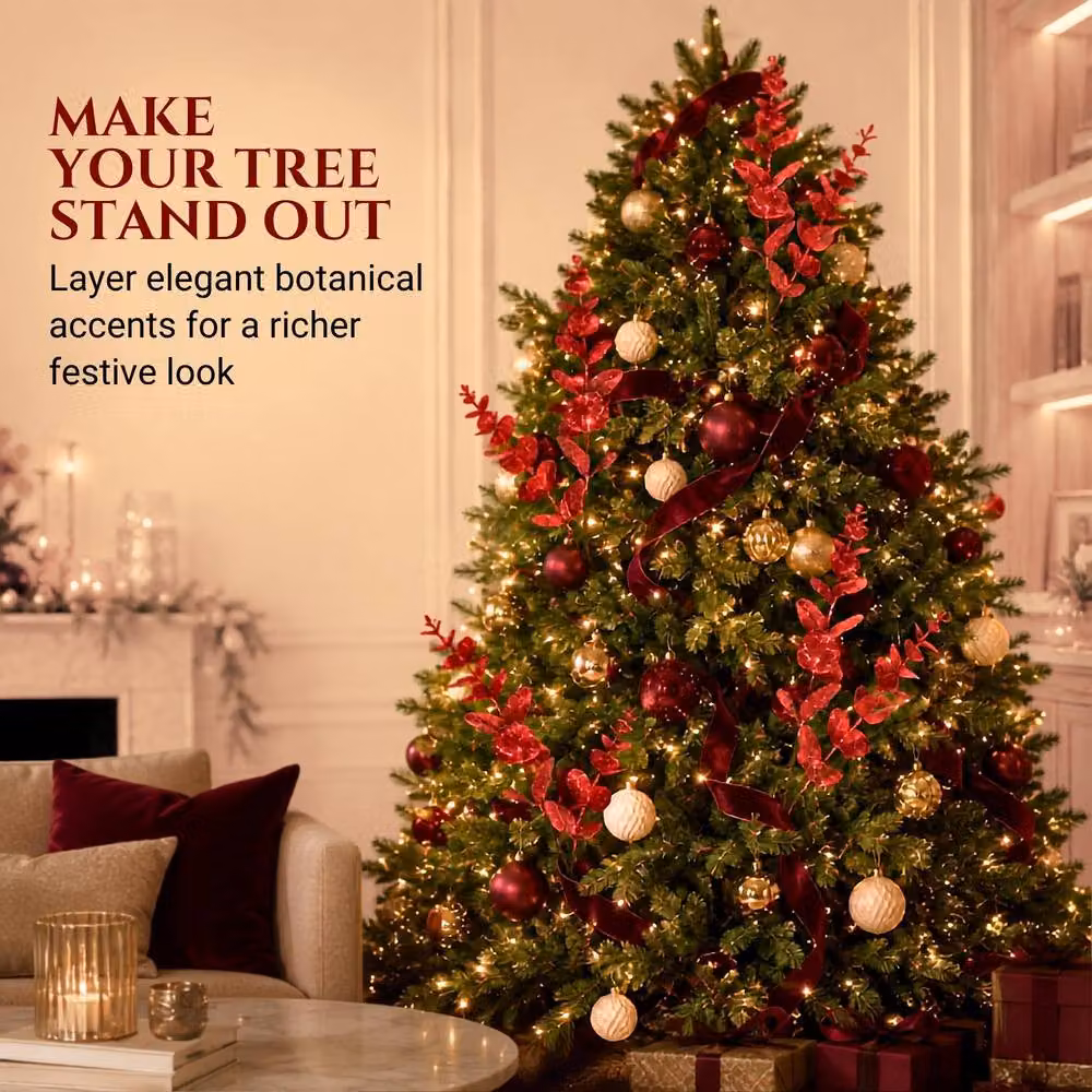 Shatchi Red Glitter Artificial Eucalyptus Christmas Tree Picks, 12 Pack, Height: 55 cm – 6