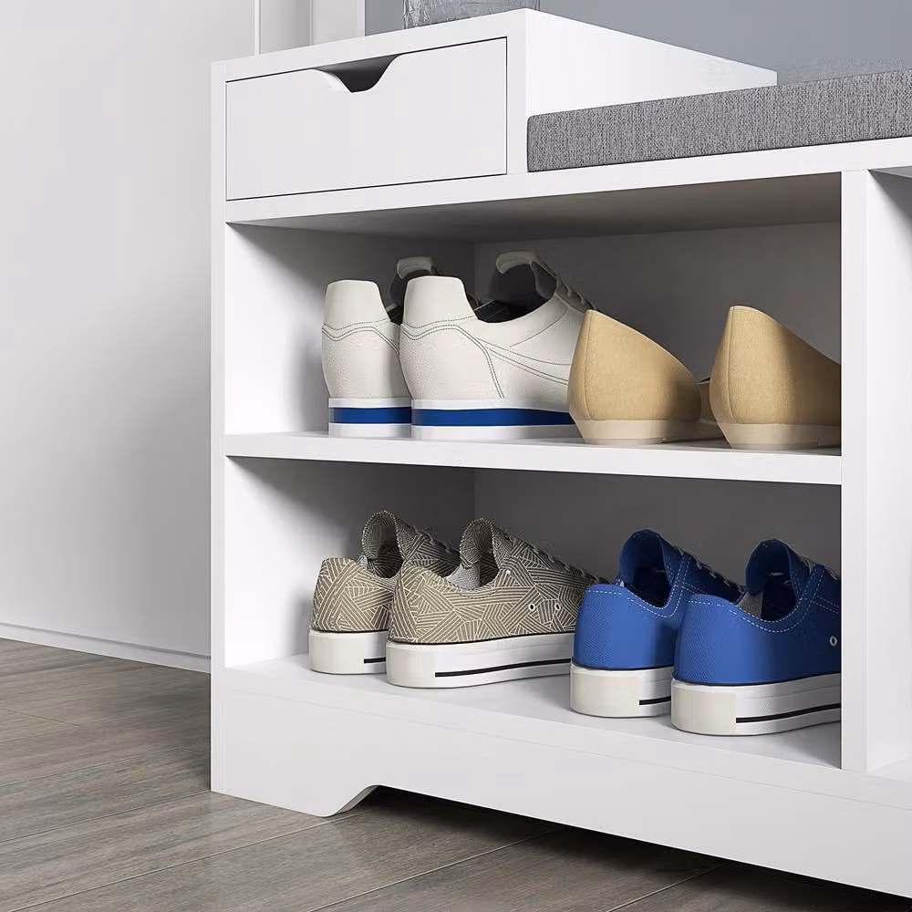 ERGOVEXA White Shoe Storage Bench with Padded Fabric Seat and Drawer – 5