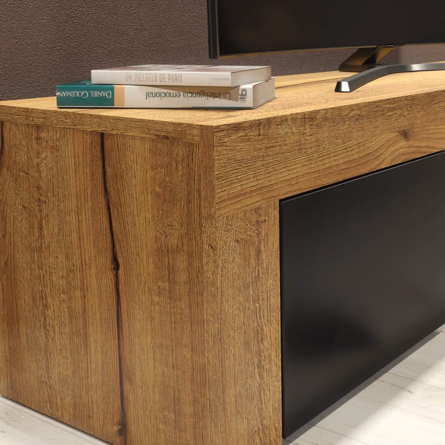 Creative Furniture Loom Modern TV Unit in Oak with Black Matt Doors, W: 130 cm, D: 35 cm, H: 35 cm – 2