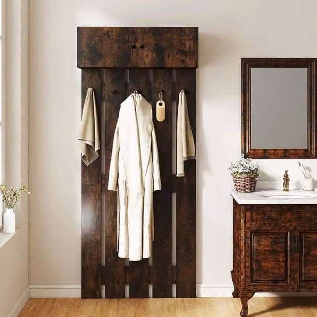 FORGEVIO Wall Mounted Coat and Clothes Rack in Brown Rubberwood