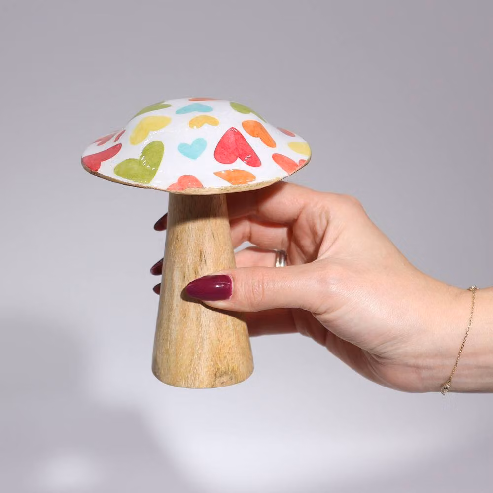 Serenityy Small Multicolour Wooden Mushroom Tabletop Ornament with Pastel Hearts – 2