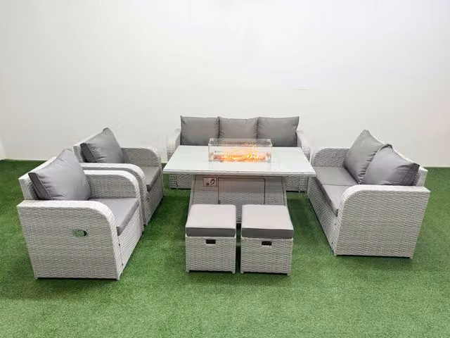 Fimous PE Rattan Garden Furniture Set in Light Grey with Reclining Chairs, Double Love Seat, Firepit Dining Table and 2 Stools