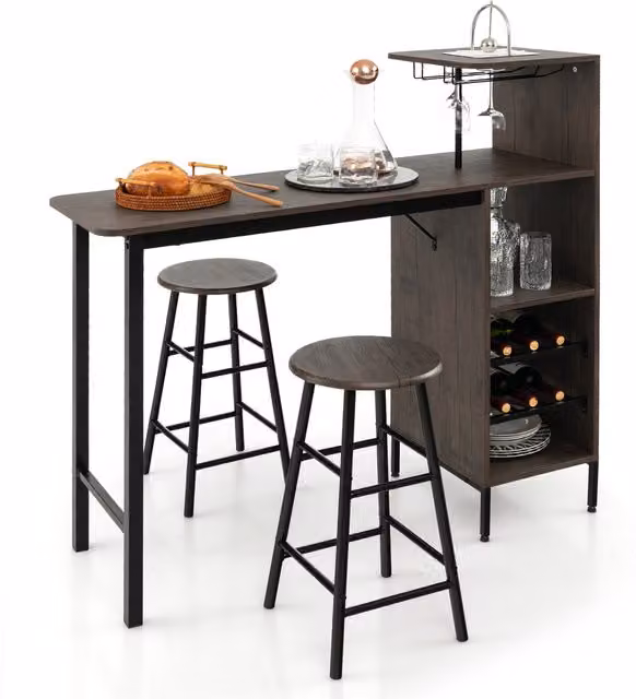 COSTWAY 3-Piece Rustic Brown Bar Table and Chair Set