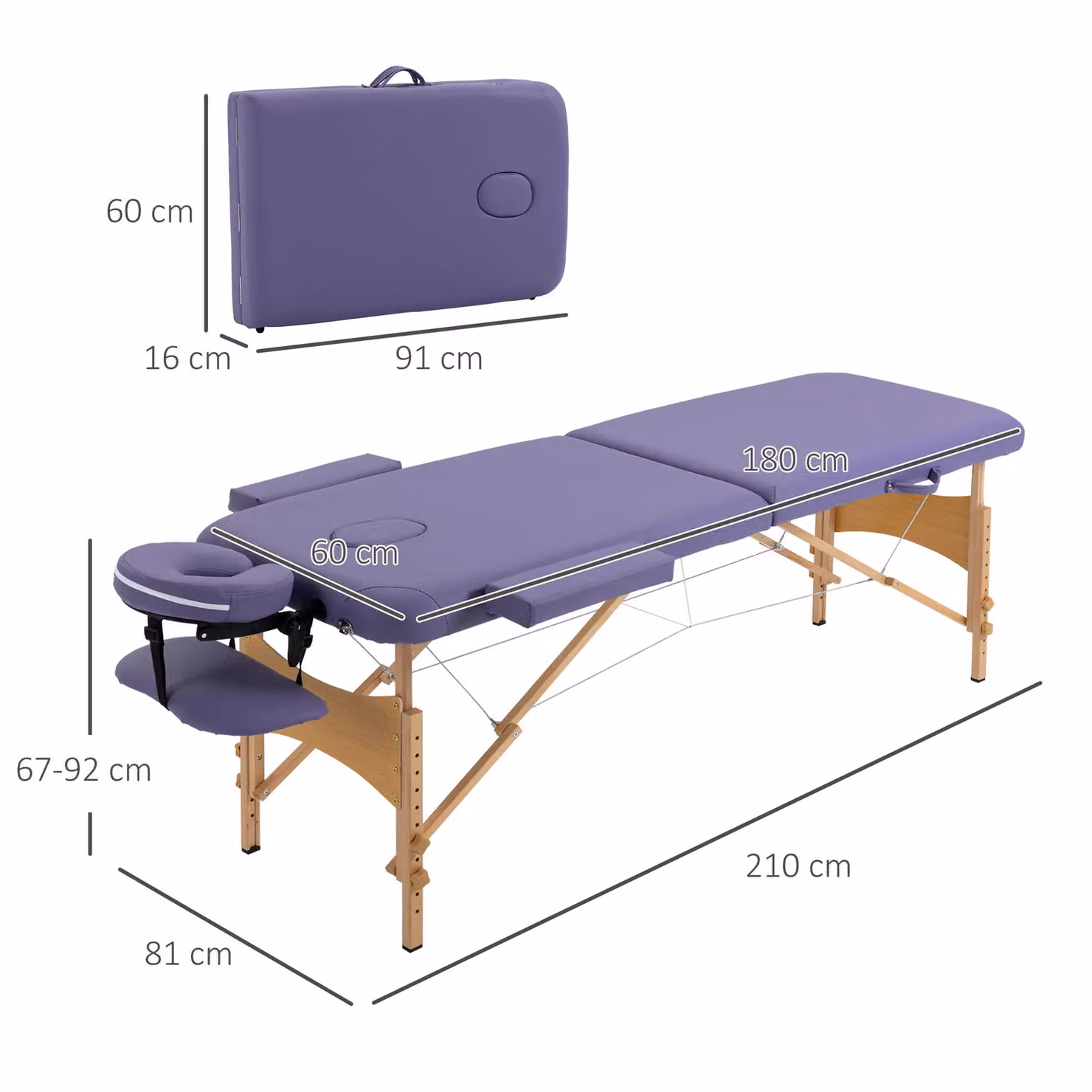 HOMCOM Wooden Folding Spa Beauty Massage Table with 2 Sections and Carry Bag, Purple – 3