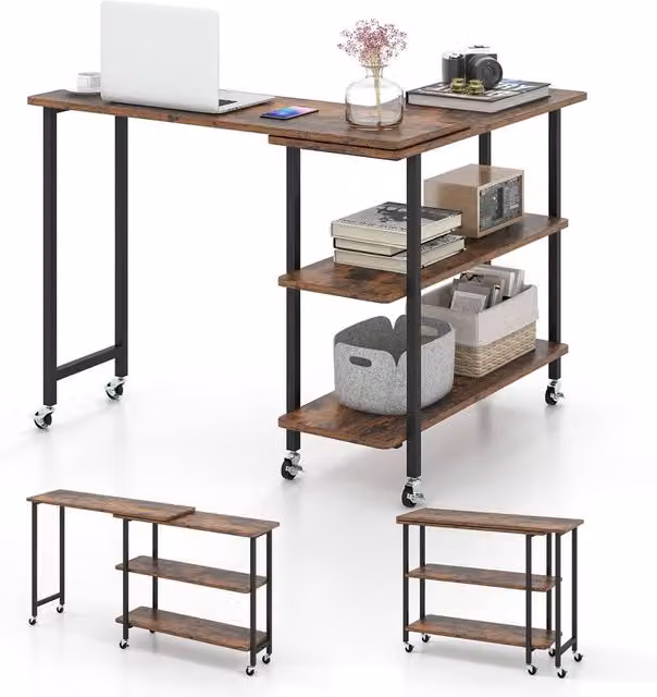 Costway L-shaped Mobile 360 Rotating Corner Computer Desk in Brown – 1