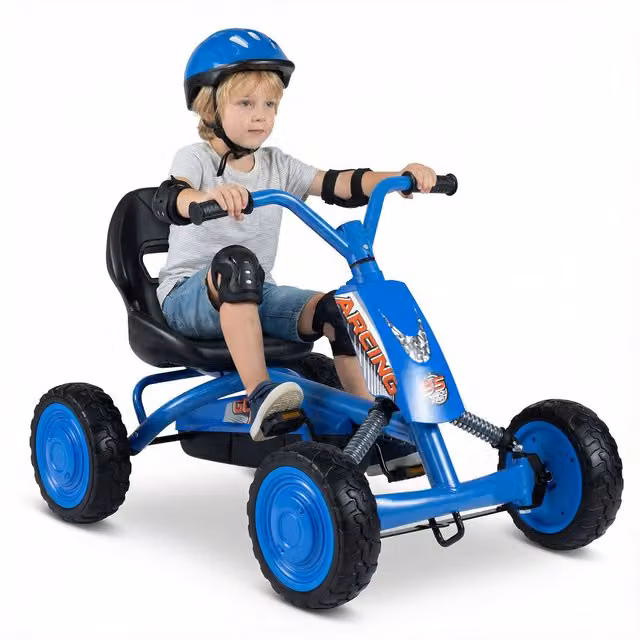 COSTWAY Blue Metal Pedal Go Cart Ride On Car for Kids with Height Adjustable Seat