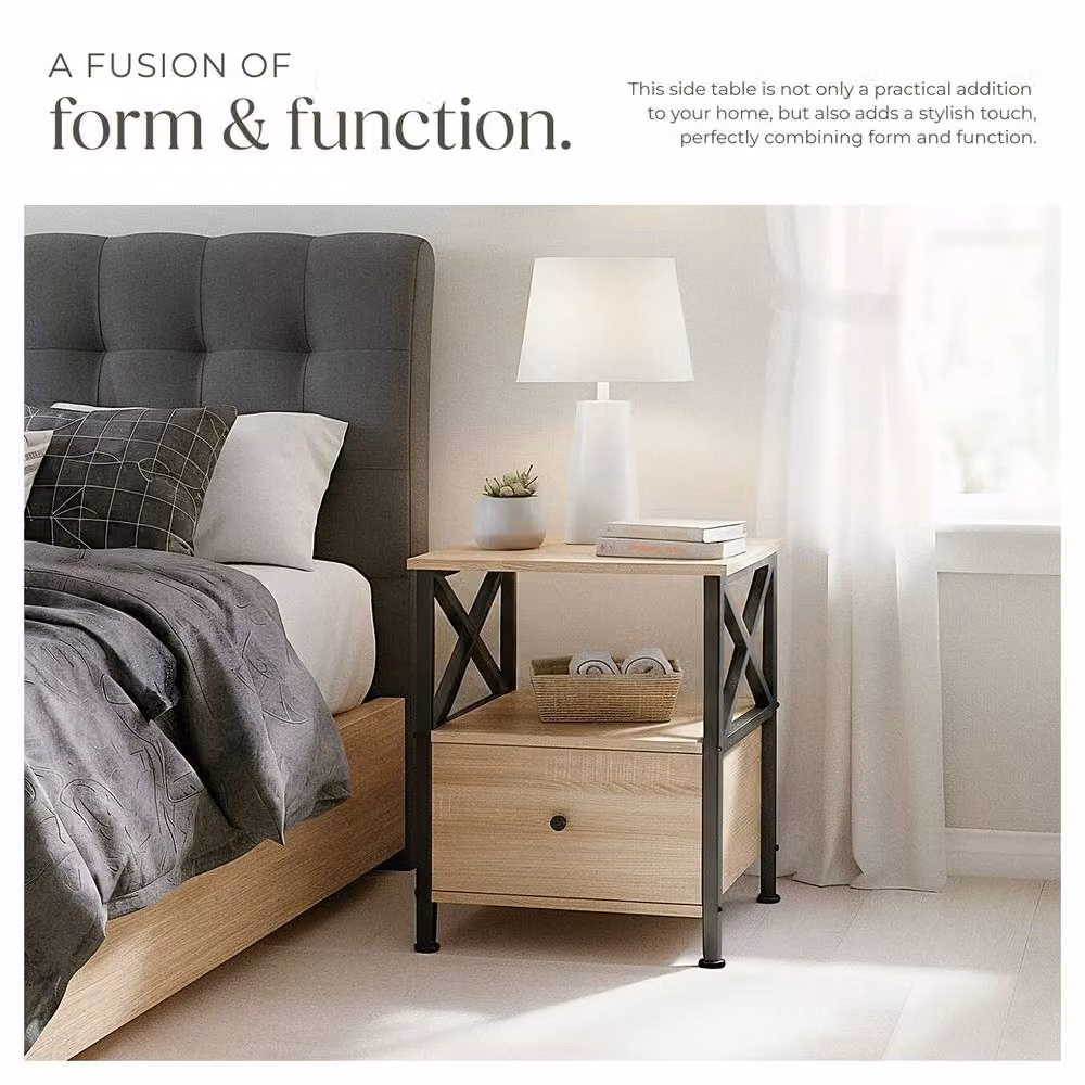 tectake Falkirk Bedside Table with 2 Shelves and 1 Drawer in Light Oak and Brown – 5