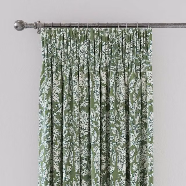 Land & Shore Rowallane Green Floral Cotton Lined Curtains, W: 167.64 cm, H: 182.88 cm