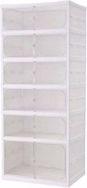 KORVIXA 6 Tier Plastic Folding Shoe Storage Box with Glass Doors in White and Transparent, W/D/H: 90 x 30 x 122 cm