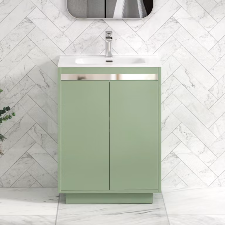 Royal Bathrooms Orion 600mm Mint Sage 2 Door Floor Standing Vanity Unit with Ceramic Basin and Chrome Accent Trim