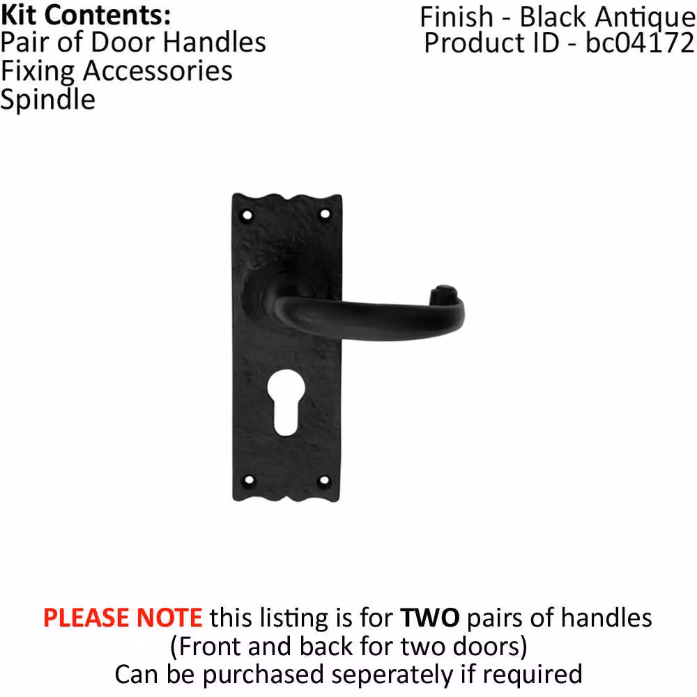 Loops 2x Pair Forged Curved Handles with Euro Lock Backplate, Black Antique, W: 155 mm x H: 54 mm – 2