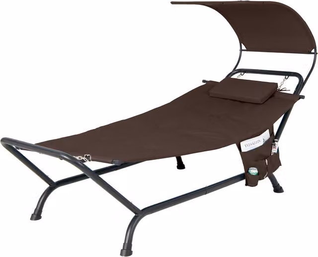 COSTWAY Brown Patio Hammock Hanging Chaise Lounge Chair with Stand, Sun Canopy and Weatherproof Cushions
