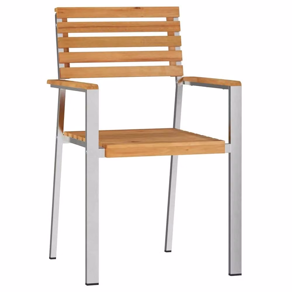 Berkfield Home Set of 4 Stackable Garden Chairs in Brown Teak Wood and Stainless Steel – 3