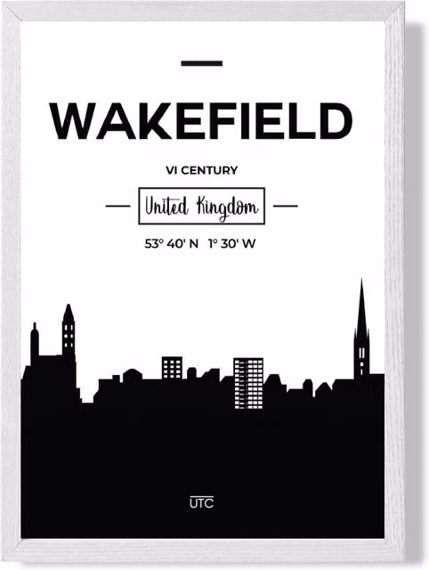 ARTZE Wakefield Black and White City Skyline Framed Print with White Frame, A3 – 1