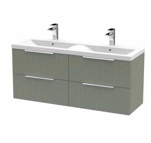 Balterley Wall Hung Bathroom Vanity Unit with 2 Rectangular Basins, 4 Soft Close Drawers and Fluted Front in Green, W/D/H: 120.5 x 38.3 x 54.0 cm