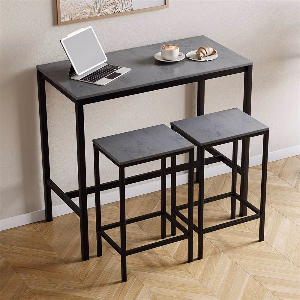 NESTLUNE Modern Concrete Grey Bar Table and 2 Stool Set for Kitchen or Dining Room – 1