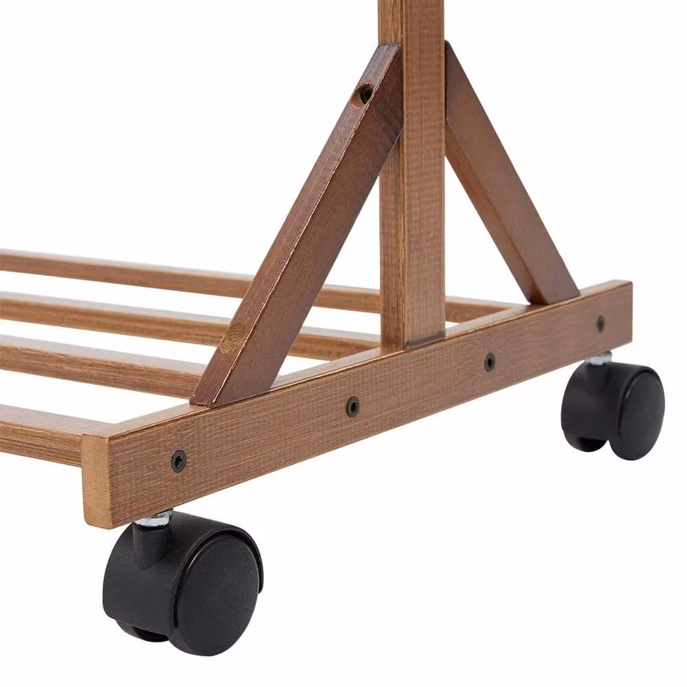 EONLION Brown Wooden Clothes Rail with Wheels and Bamboo Hanging Rack – 3