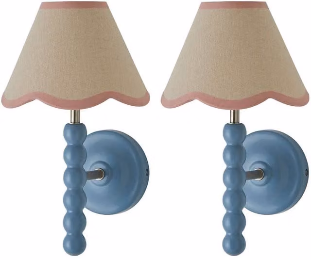 ValueLights Bobbin Pair of Blue Wall Lights with Pink Fabric Shades and Bulbs