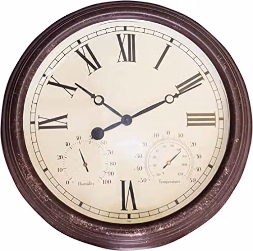 St Helens Home & Garden Vintage Weather Resistant Outdoor Wall Clock with Thermometer and Hygrometer, Brown, Diameter: 38 cm