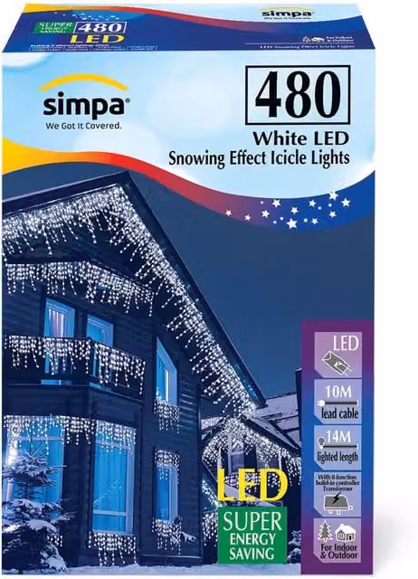 Simpa 480 LED Multi-Action Icicle Lights in White and Blue for Indoor and Outdoor Use