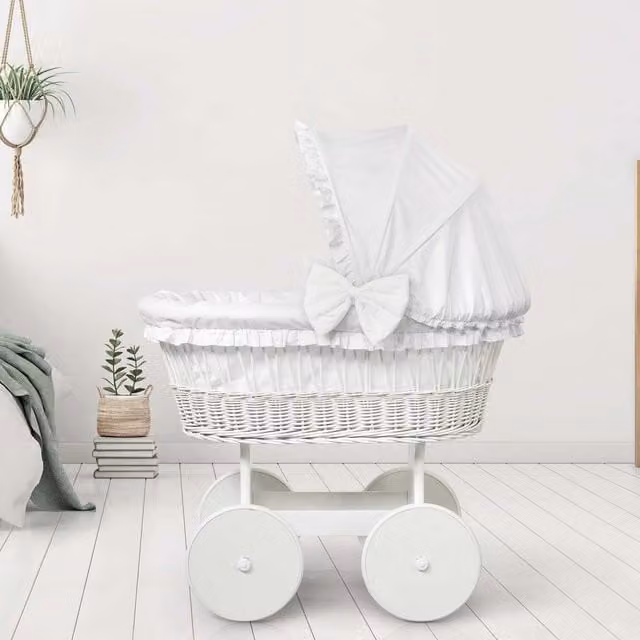 Love For Sleep Classic White Baby Bassinet in Beech Wood and Rattan