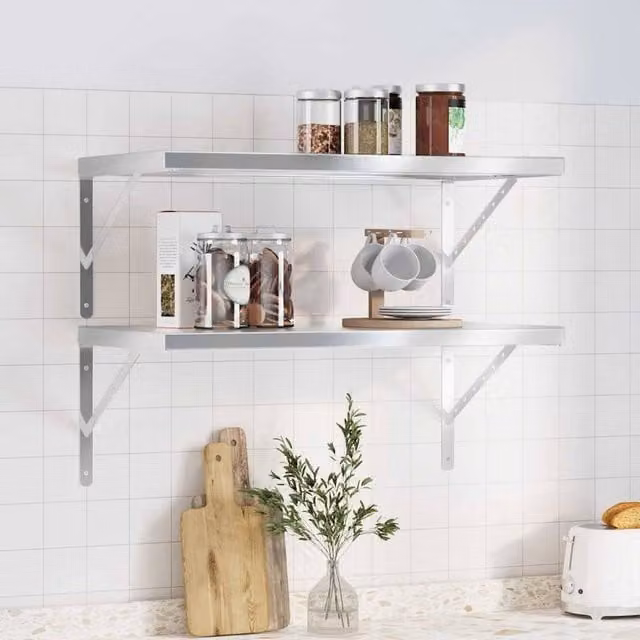Berkfield Home Set of 2 Silver Stainless Steel Wall Mounted Shelves, W: 75 cm, D: 40 cm
