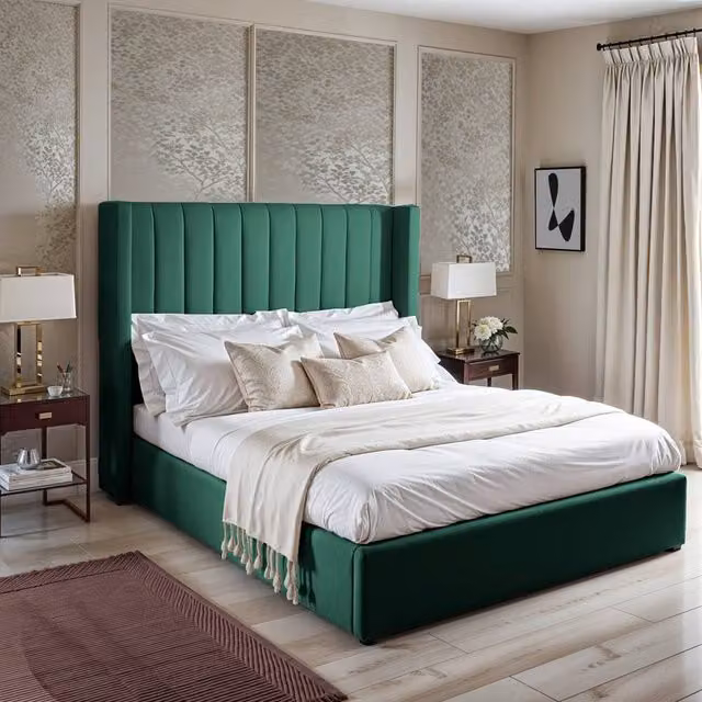 UK Bed Furniture Barcelona Green Velvet Upholstered Gas Lift Storage Bed with 48 Inch Headboard, Size: 180 x 200 cm – 1