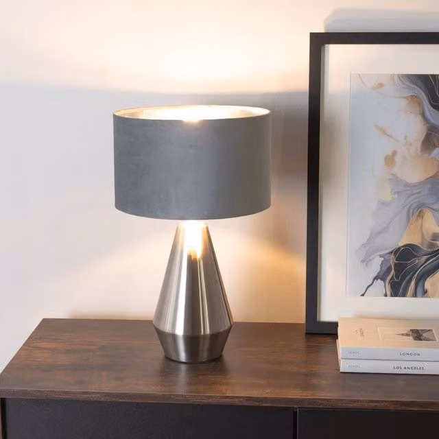 ValueLights Jax Dimmable Touch Table Lamp with Grey Velvet and Chrome Inner Shade