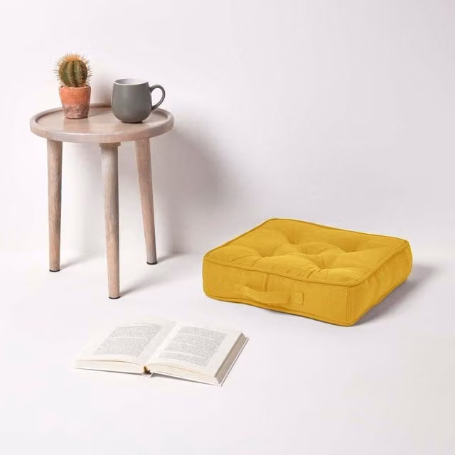 Homescapes Rajput Ethnic Ribbed Cotton Square Floor Cushion - Yellow