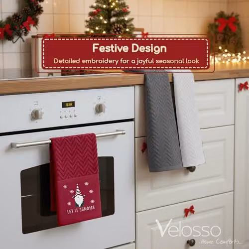 Velosso 3 Pack Let It Sgnome Christmas Tea Towel Set, Absorbent Cotton, Red, Green and Grey – 3
