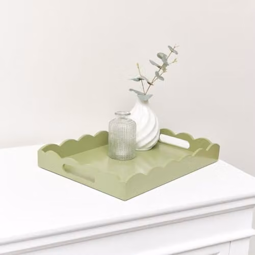 Melody Maison Rectangular Solid Wood Scalloped Tray with Handles in Green, W: 32 cm, D: 24 cm, H: 5 cm