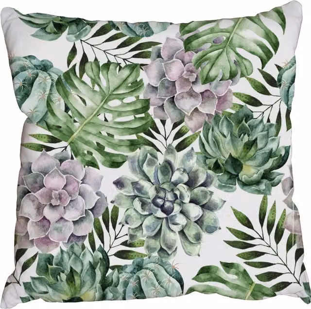 Benjamin Tate Design LTD Green Watercolor Tropical Plants Square Cushion, W: 60 cm, H: 60 cm