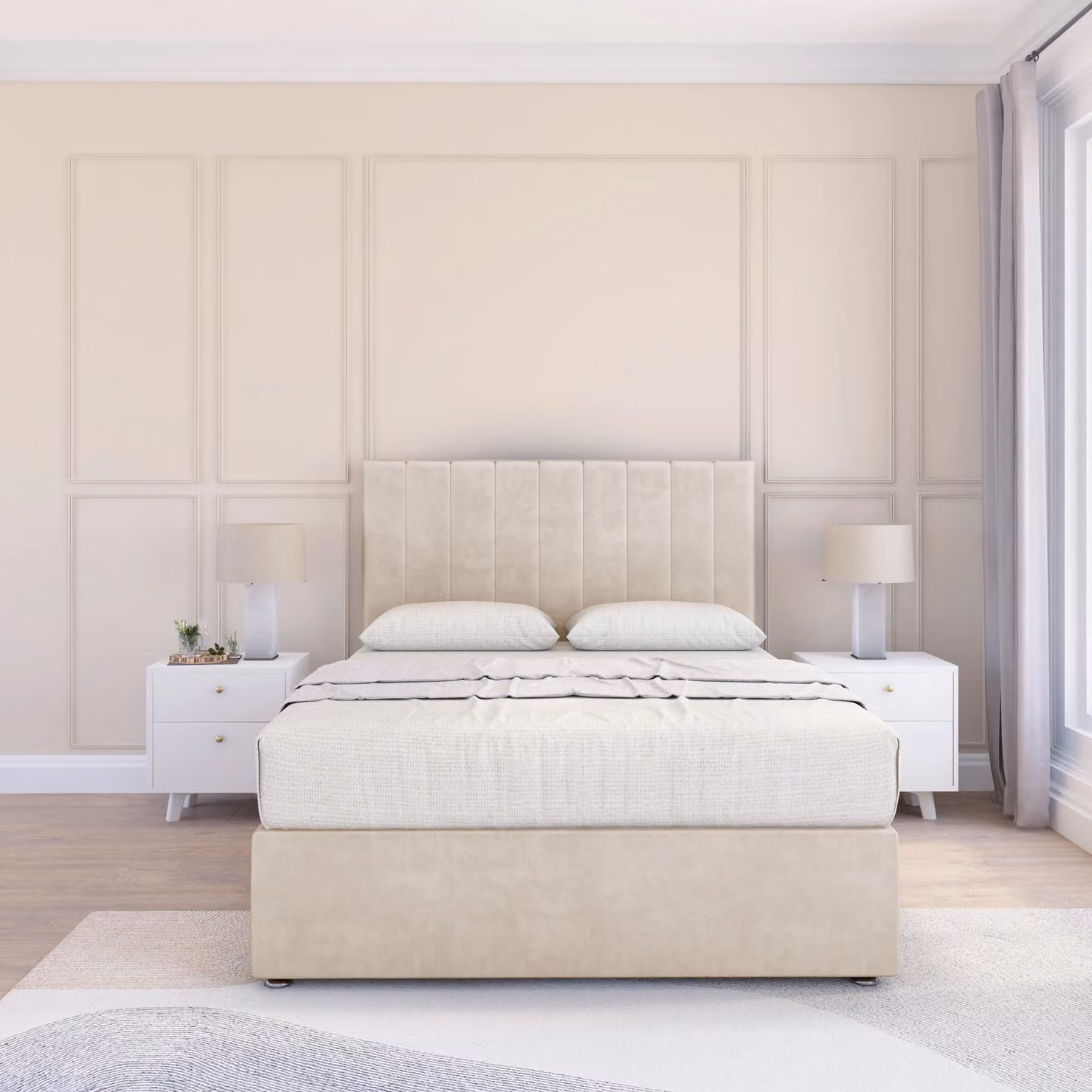 Sloomy Kansas King Size Divan Bed Base with Floor Standing Headboard in Beige Striped Fabric, W/D/H: 180 x 200 cm