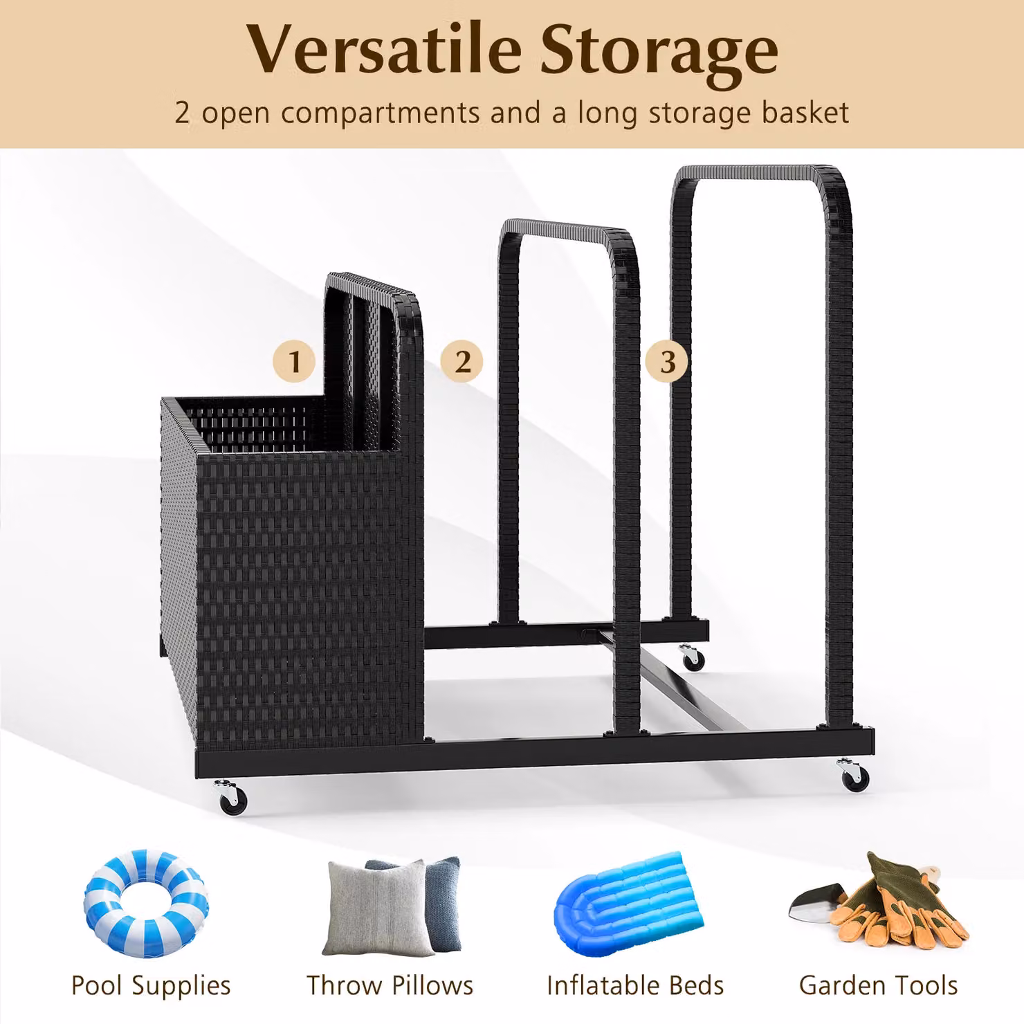 Costway Wicker Patio Pool Float Storage Organizer Caddy Basket in Black – 9
