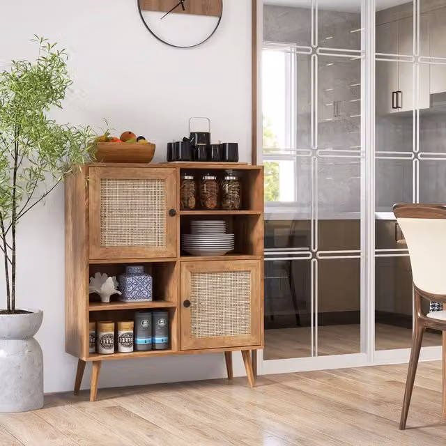 Costway Boho Rattan Sideboard and Modern Buffet Cabinet in Natural Wood Finish – 1