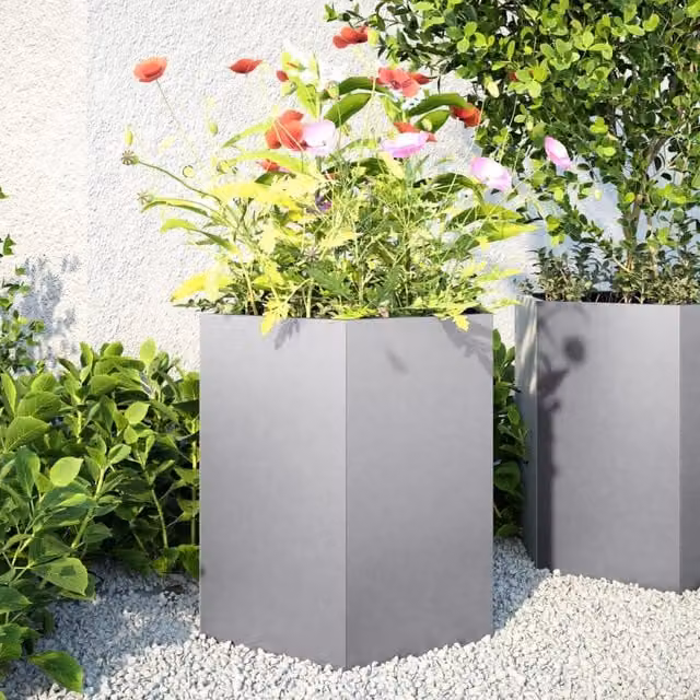 Berkfield 2-Piece Hexagon Garden Planter Set in Silver Galvanised Steel, W/D/H: 46 x 40 x 45 cm