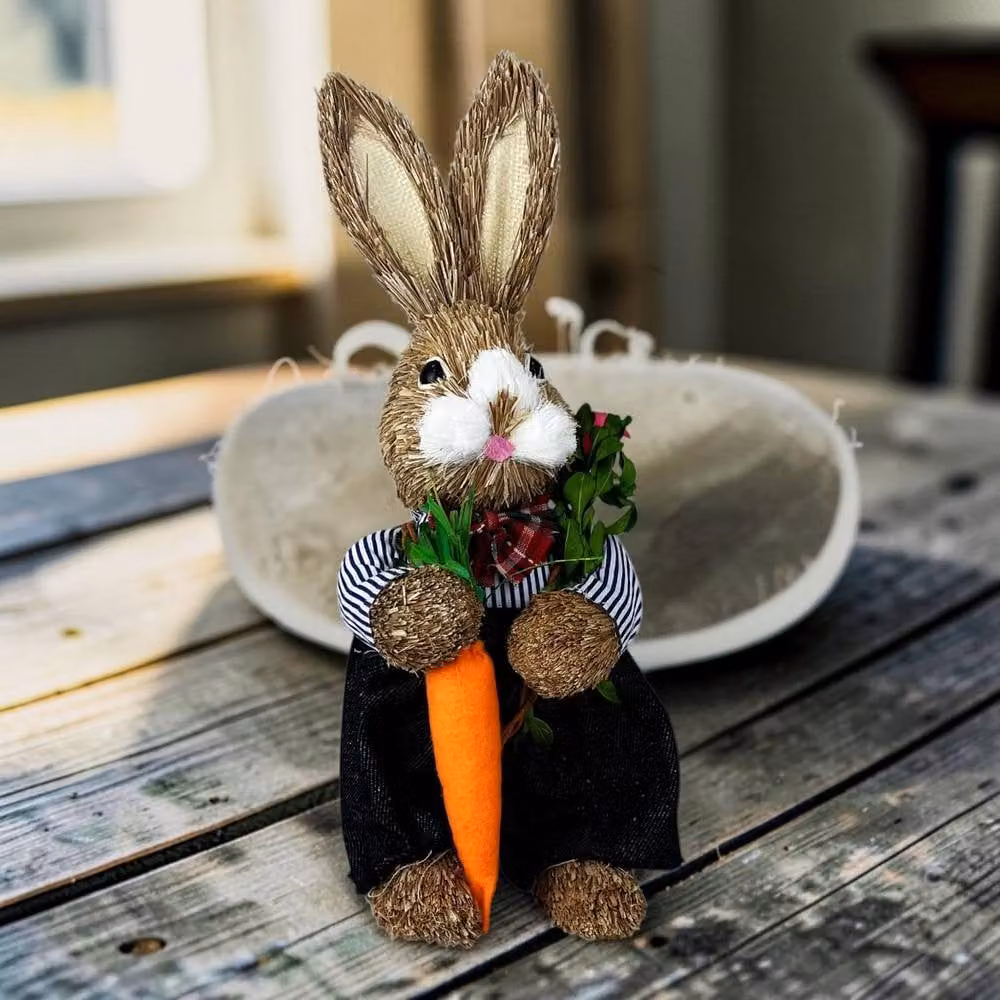Four Candle Large Rustic Straw Rabbit Holding Carrot, Brown, Height: 34 cm – 2
