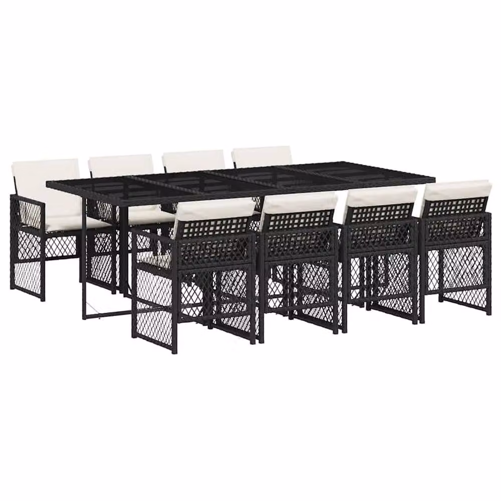 Berkfield Home 9 Piece Black Poly Rattan Garden Dining Set with Cushions and Glass Tabletop – 2