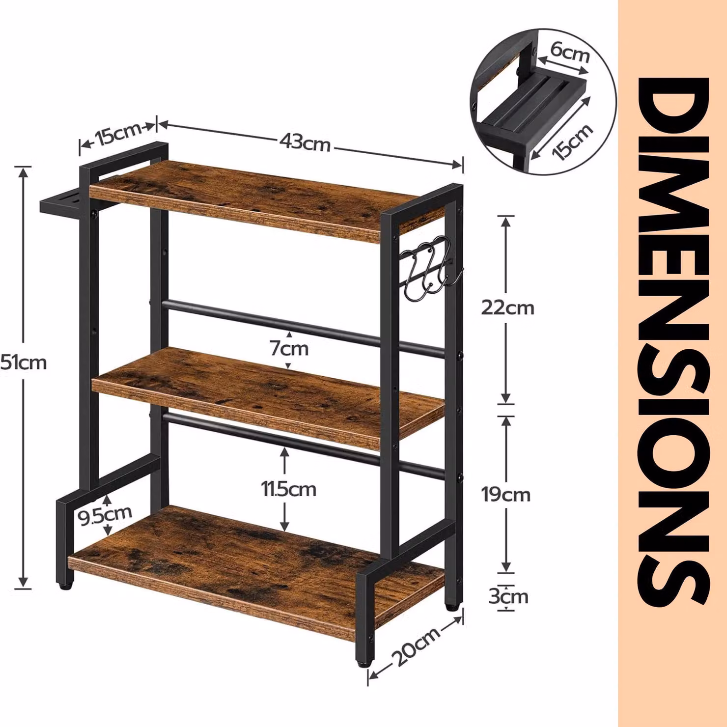 Rafaelo Mobilia Industrial Countertop Spice Rack in Brown with Adjustable Shelves, W/D/H: 51.0 x 43.0 x 20.0 cm – 5