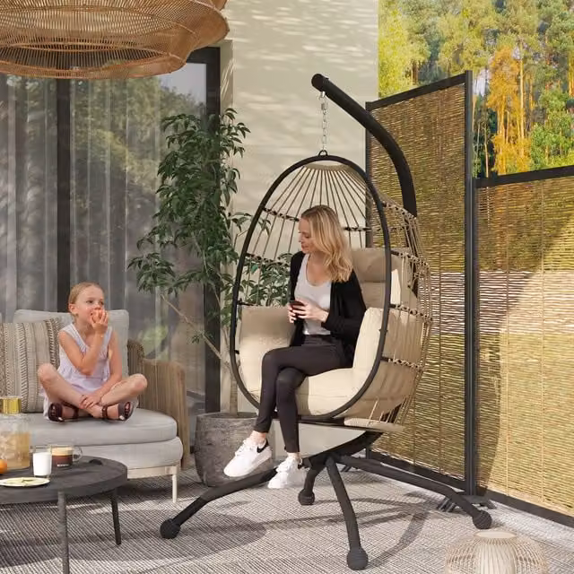 Outsunny Hanging Egg Chair with Folding Basket and Cushions in Khaki Rattan and Metal