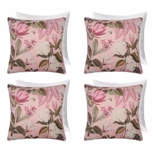OHS Matte Velvet Floral Botanics Filled Cushions with Covers, 4 Pack, Blush Pink, W/D/H: 45 x 45 x 45 cm