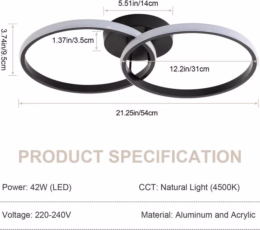 Goeco Modern LED Ring Ceiling Light in Black, 42W, 4500K, Diameter: 54 cm – 3