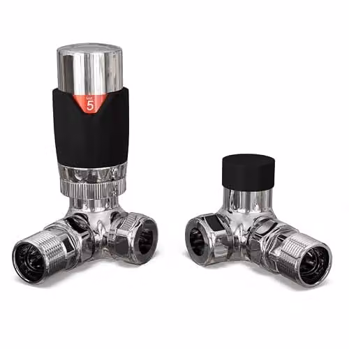 UK Radiators Matt Black Thermostatic Radiator Valve and Corner Lockshield Valve Set, 1/2" x 15mm