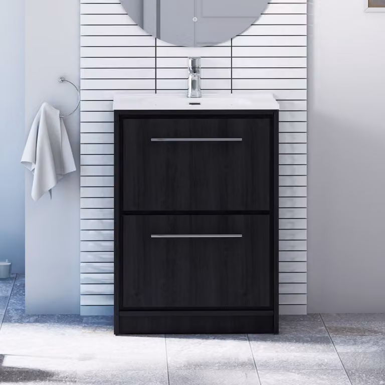 Royal Bathrooms Livora 600mm Black Woodgrain Floor Standing Bathroom Vanity Unit with 2 Drawers and Ceramic Basin