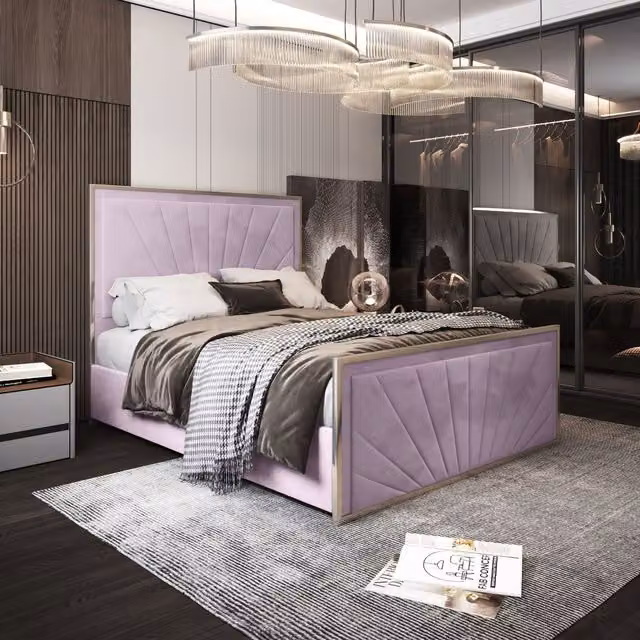Casani Roxy Upholstered Soft Velvet Metal Bed Frame in Pink, W/D/H: 180 x 200 x 137 cm – 1