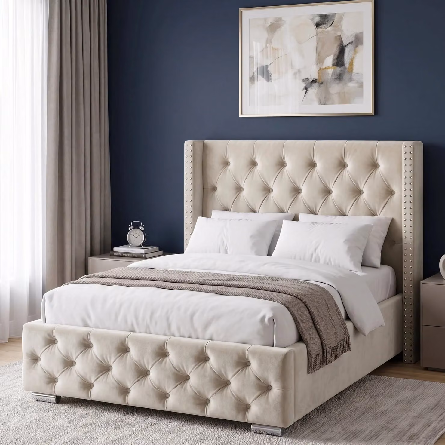 DHS Beige Velvet Cross Pattern Ottoman Storage Bed with Winged Frame, W/D/H: 120 x 200 cm
