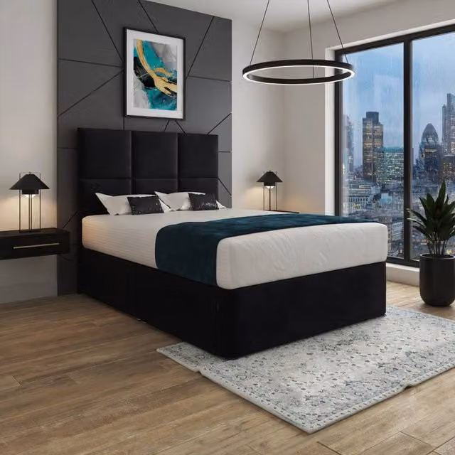 Casani Wolfforth Black Velvet Upholstered Divan Bed Frame with Floorstanding Geometric Headboard and Drawers, W/D/H: 90 x 190 x 137 cm – 1